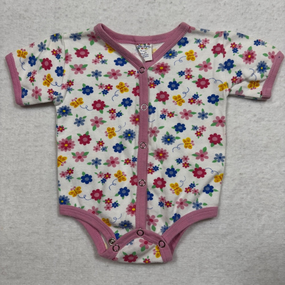 VTG Mon Petit Baby Girls Floral Butterfly Snap Front Bodysuit Pink 3-6M